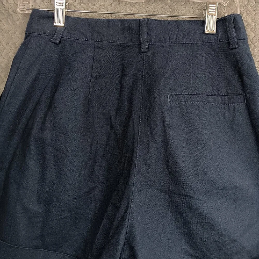 ASOS Women's Navy Blue High Waisted Shorts Pleated Cuffed Hems Size 6 Linen